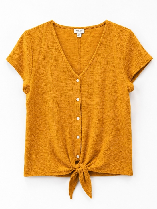 J. Crew Tops - J.Crew Mustard Textured Tie Front Top Size M Casual Boho Blouse